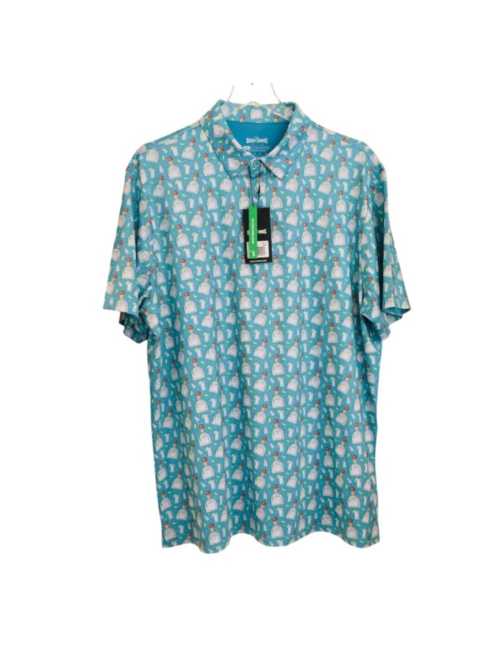 BOGEY BROS Golf Co Men's Size XL Tequila Bottle Salt Lime Glass Polo Aqua
